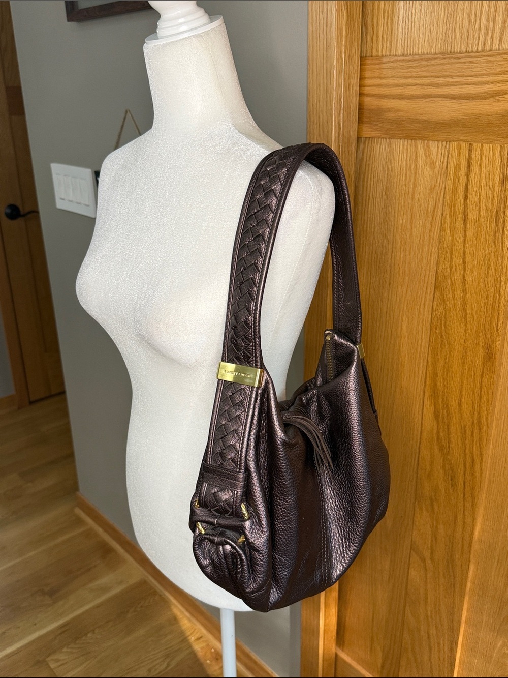 Elliott Lucca Chocolate Brown Woven-Trim Shoulder Bag